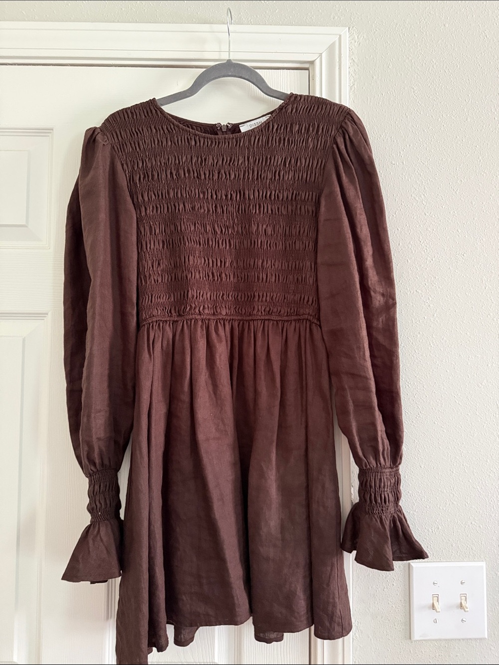 DISSH Brown Smocked Bodice Long Sleeve Dress